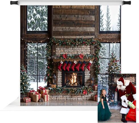 Kate Christmas Fireplace Backdrop Christmas Trees and Gifts Background Winter White Brick Dark Brown Framed Window Photo Background Studio Props,10x10ft in Saudi Arabia