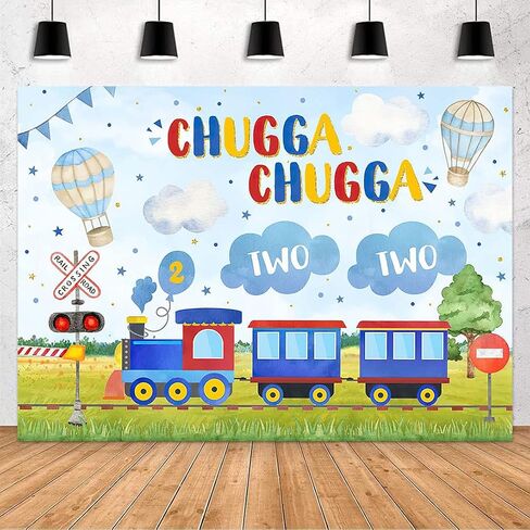 Avezano Chugga Chugga Two Two Backdrop Train Theme 2nd Birthday Backdground Happy Second Birthday Banner Party Supplies(Blue, 7x5ft) in Saudi Arabia