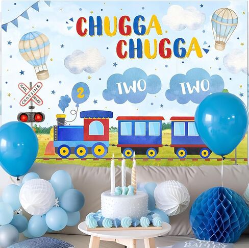 Avezano Chugga Chugga Two Two Backdrop Train Theme 2nd Birthday Backdground Happy Second Birthday Banner Party Supplies(Blue, 7x5ft) in Saudi Arabia