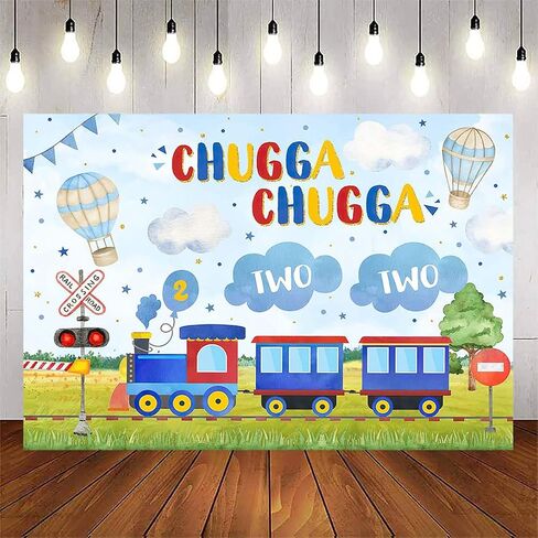 Avezano Chugga Chugga Two Two Backdrop Train Theme 2nd Birthday Backdground Happy Second Birthday Banner Party Supplies(Blue, 7x5ft) in Saudi Arabia