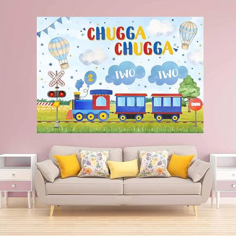 Avezano Chugga Chugga Two Two Backdrop Train Theme 2nd Birthday Backdground Happy Second Birthday Banner Party Supplies(Blue, 7x5ft) in Saudi Arabia