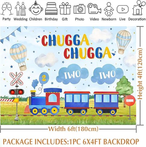 Avezano Chugga Chugga Two Two Backdrop Train Theme 2nd Birthday Backdground Happy Second Birthday Banner Party Supplies(Blue, 7x5ft) in Saudi Arabia