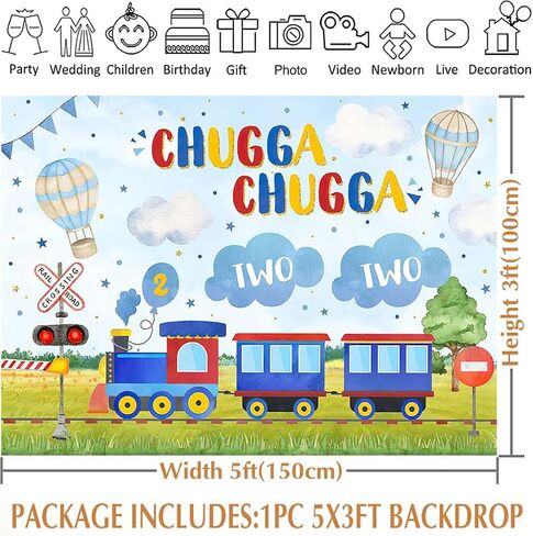 Avezano Chugga Chugga Two Two Backdrop Train Theme 2nd Birthday Backdground Happy Second Birthday Banner Party Supplies(Blue, 7x5ft) in Saudi Arabia