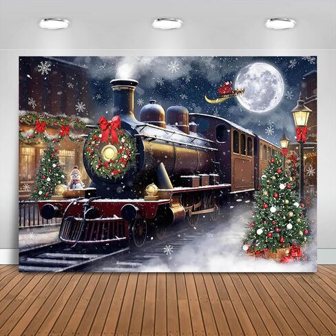 Christmas Train Photography Backdrop 7x5ft Snowy Christmas Night Xmas Party Decorations Photography Background Winter Wonderland Santa Claus Family Photo Shoot Booth Props in Saudi Arabia