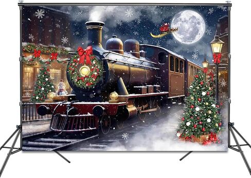 Christmas Train Photography Backdrop 7x5ft Snowy Christmas Night Xmas Party Decorations Photography Background Winter Wonderland Santa Claus Family Photo Shoot Booth Props in Saudi Arabia