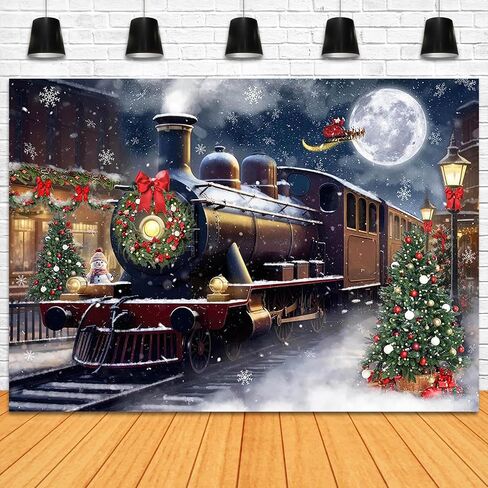 Christmas Train Photography Backdrop 7x5ft Snowy Christmas Night Xmas Party Decorations Photography Background Winter Wonderland Santa Claus Family Photo Shoot Booth Props in Saudi Arabia