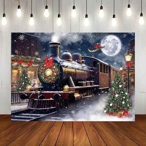 Christmas Train Photography Backdrop 7x5ft Snowy Christmas Night Xmas Party Decorations Photography Background Winter Wonderland Santa Claus Family Photo Shoot Booth Props in Saudi Arabia