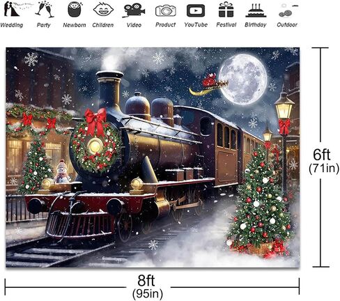 Christmas Train Photography Backdrop 7x5ft Snowy Christmas Night Xmas Party Decorations Photography Background Winter Wonderland Santa Claus Family Photo Shoot Booth Props in Saudi Arabia