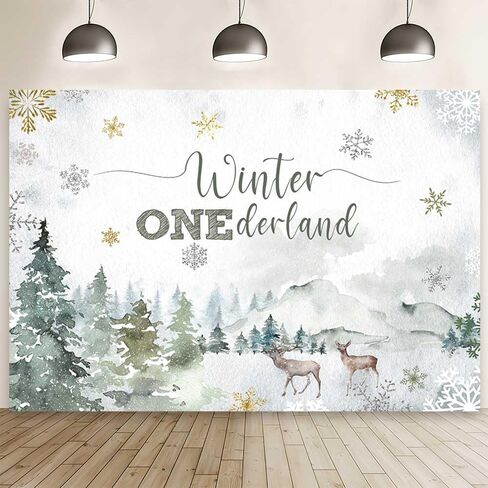 MEHOFOND 7x5 ft Winter Onederland Backdrop Winter Green 1st Birthday Photography Background Snowflake Deer Woodland Mountain Wonderland First Bday Party Decorations Cake Table Banner Photo Booth Props in Saudi Arabia