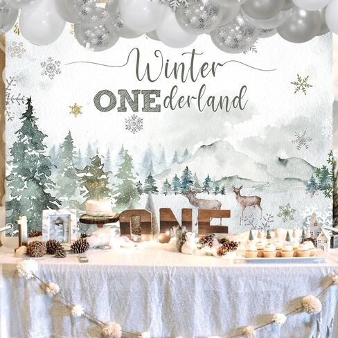 MEHOFOND 7x5 ft Winter Onederland Backdrop Winter Green 1st Birthday Photography Background Snowflake Deer Woodland Mountain Wonderland First Bday Party Decorations Cake Table Banner Photo Booth Props in Saudi Arabia