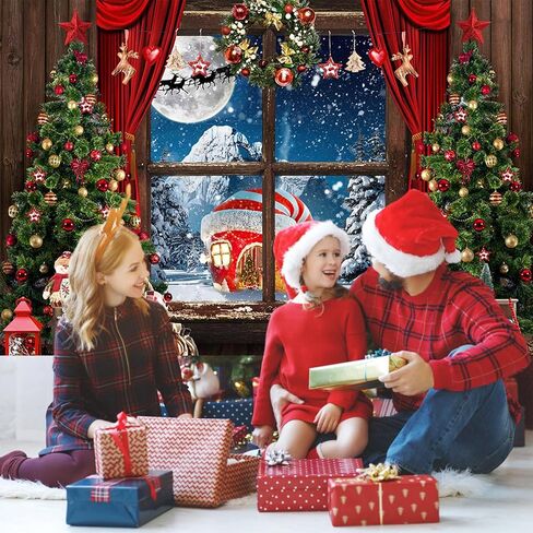 Mocsicka Christmas Backdrop Rustic Christmas Window Tree Gifts Holiday Snow Mountain Photo Background Candy Cane Winter Christmas North Pole Party Decorations Photography Backdrops (7x5ft) in Saudi Arabia