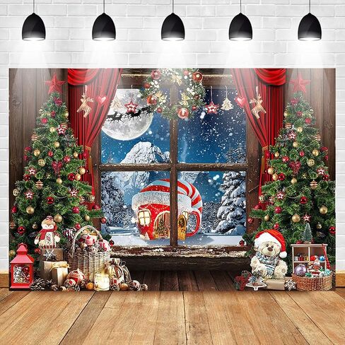 Mocsicka Christmas Backdrop Rustic Christmas Window Tree Gifts Holiday Snow Mountain Photo Background Candy Cane Winter Christmas North Pole Party Decorations Photography Backdrops (7x5ft) in Saudi Arabia