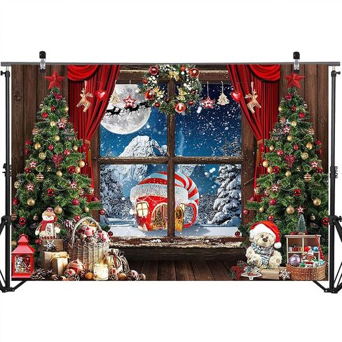 Mocsicka Christmas Backdrop Rustic Christmas Window Tree Gifts Holiday Snow Mountain Photo Background Candy Cane Winter Christmas North Pole Party Decorations Photography Backdrops (7x5ft) in Saudi Arabia