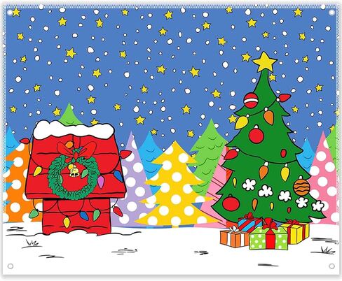 Fabric 7x5ft Cartoon Christmas Night Photography Backdrop Winter Snowy Red House PineTree Background Kid Xmas Party Decorations Photo Shooting Banner in Saudi Arabia
