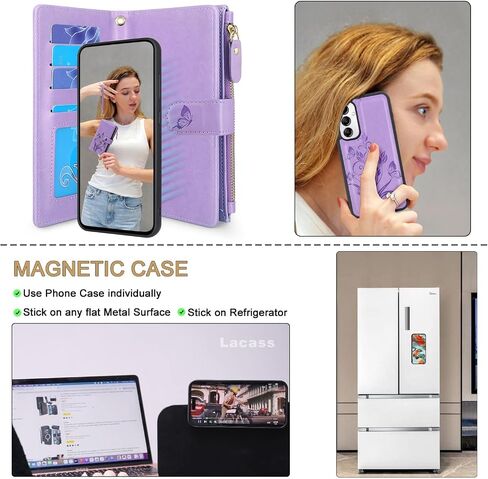 حافظة Lacass لهاتف Samsung Galaxy A14 5G 2023، [12 فتحة للبطاقات] حامل نقدي لبطاقة الهوية وجيب بسحاب وغطاء محفظة جلدية مغناطيسي قابل للفصل مع حبل معصم (أزهار النبيذ الأحمر) in Saudi Arabia