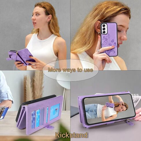 حافظة Lacass لهاتف Samsung Galaxy A14 5G 2023، [12 فتحة للبطاقات] حامل نقدي لبطاقة الهوية وجيب بسحاب وغطاء محفظة جلدية مغناطيسي قابل للفصل مع حبل معصم (أزهار النبيذ الأحمر) in Saudi Arabia