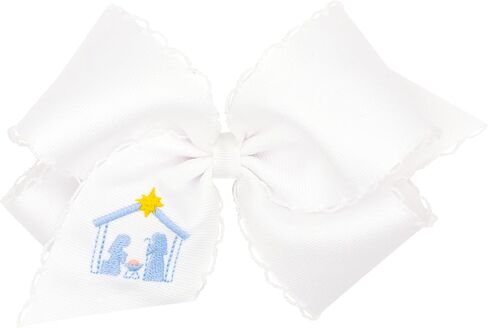 Wee Ones Girls' Grosgrain Hair Bow with Moonstitch Edge and Nautical Embroidery on a WeeStay Hair Clip, King, White w/Navy in Saudi Arabia