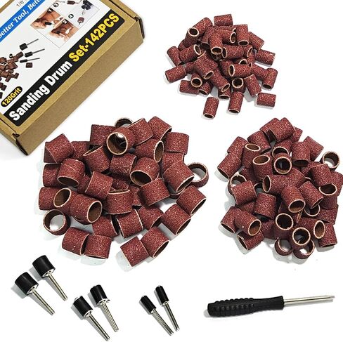 Asieg Tool Sanding Drum Kit 142Pcs 600Grit, 1/2" & 3/8" & 1/4" Diameter Drum Sanding Band with 3.17mm Shank Mandrels for Drill Dremel Rotary Tools Nails Drill in Kuwait