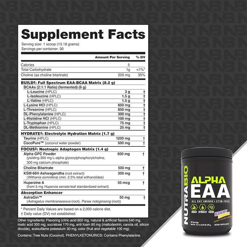 NutraBio Alpha EAA - All-Day Aminos - Recovery, Energy, Focus, and Hydration Supplement - Full Spectrum EAA BCAA Matrix, Electrolytes, Nootropics, Coconut Water - 30 Servings - Grape Berry Crush in Kuwait