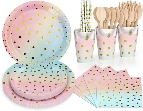 Dn Dennov 168PCS Pink and Gold-Pastel Party Supplies, Severs 24 Disposable Party Dinnerware Include Paper Party Plates,Cups,Napkins,Straw,Wooden Fork Spoon for Wedding,Christmas(Trompe l'oeil Gold) in Saudi Arabia