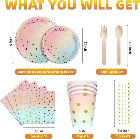 Dn Dennov 168PCS Pink and Gold-Pastel Party Supplies, Severs 24 Disposable Party Dinnerware Include Paper Party Plates,Cups,Napkins,Straw,Wooden Fork Spoon for Wedding,Christmas(Trompe l'oeil Gold) in Saudi Arabia
