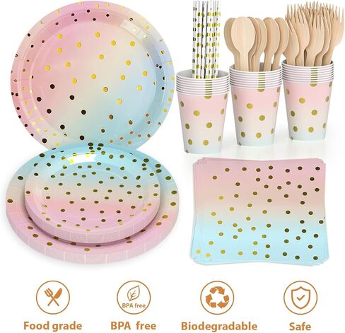 Dn Dennov 168PCS Pink and Gold-Pastel Party Supplies, Severs 24 Disposable Party Dinnerware Include Paper Party Plates,Cups,Napkins,Straw,Wooden Fork Spoon for Wedding,Christmas(Trompe l'oeil Gold) in Saudi Arabia