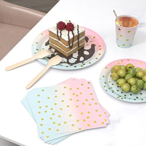 Dn Dennov 168PCS Pink and Gold-Pastel Party Supplies, Severs 24 Disposable Party Dinnerware Include Paper Party Plates,Cups,Napkins,Straw,Wooden Fork Spoon for Wedding,Christmas(Trompe l'oeil Gold) in Saudi Arabia