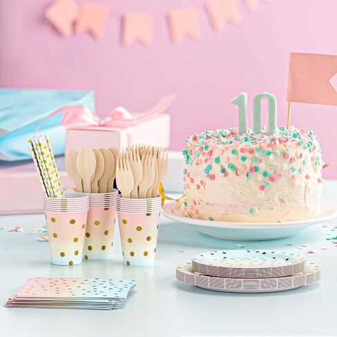 Dn Dennov 168PCS Pink and Gold-Pastel Party Supplies, Severs 24 Disposable Party Dinnerware Include Paper Party Plates,Cups,Napkins,Straw,Wooden Fork Spoon for Wedding,Christmas(Trompe l'oeil Gold) in Saudi Arabia