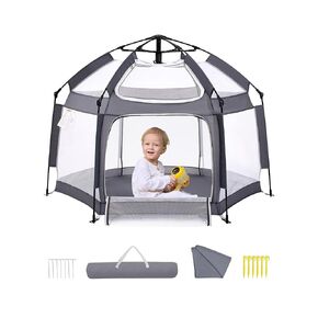 Babelio Playpen for Babies and Toddlers, Travel Playpen for Babies, Portable Pop Up Play Yard W/Canopy, Indoor and Outdoor, Sun Protection, Anti-Mosquito & Bugs, One-Touch Storage- Light Grey