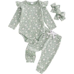 Ayalinggo Newborn Baby Girl Clothes Ruffle Ribbed Knit Romper Floral Pants Set Headband Hat Cute Infant Coming Home Outfit