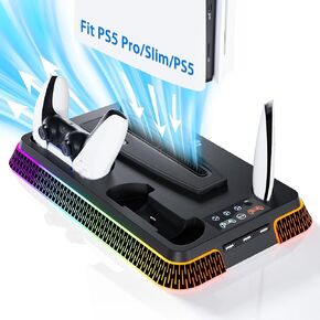 PS5 Cooling Station, PS5 Slim Stand RGB and Turbo Fan with Dual Charging Station, PS5 Accessories Kits, Vertical Stand with 3 Levels Cooling Fan, Headset Holder for PS5 Digital/Disc-Black