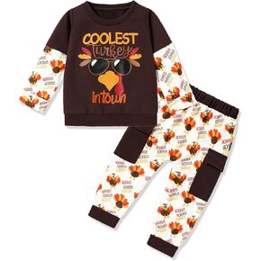 Sinda Thanksgiving Outfit Toddler Baby Boy Funny Print Top Turkey Tail Pattern Pants Thanksgiving Clothes Set