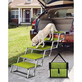 Foldable Dog Car Ramp for Large Dogs, 4 Steps Portable Large Dog Steps for Car Truck SUV High Bed, Aluminum Dog Stairs with Grass Padded, Outdoor Dog Ramp Stairs for Dogs Max Up to 200lbs