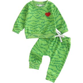 Baby Boy Christmas Outfits Heart Animal Green Long Sleeve Sweatshirt Pants Set Toddler Infant Christmas Clothes