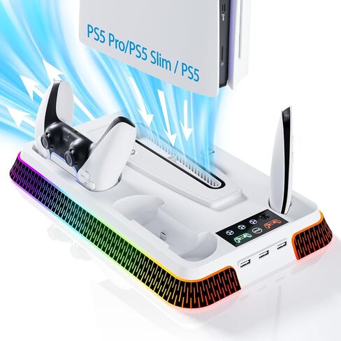 PS5 Cooling Station, PS5 Slim Stand RGB and Turbo Fan with Dual Charging Station, PS5 Accessories Kits, Vertical Stand with 3 Levels Cooling Fan, Headset Holder for PS5 Digital/Disc-Black in Saudi Arabia