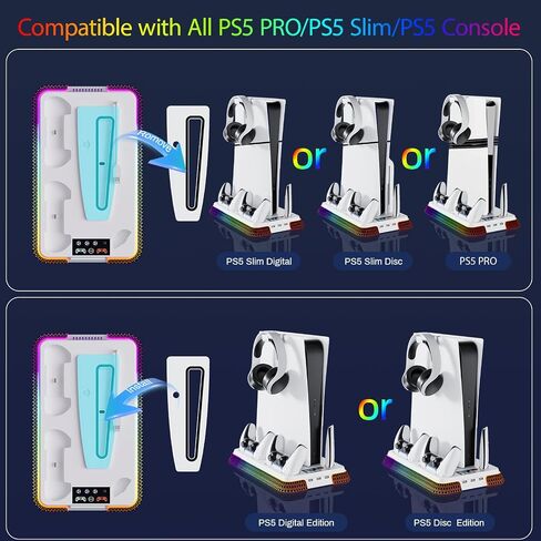 PS5 Cooling Station, PS5 Slim Stand RGB and Turbo Fan with Dual Charging Station, PS5 Accessories Kits, Vertical Stand with 3 Levels Cooling Fan, Headset Holder for PS5 Digital/Disc-Black in Saudi Arabia