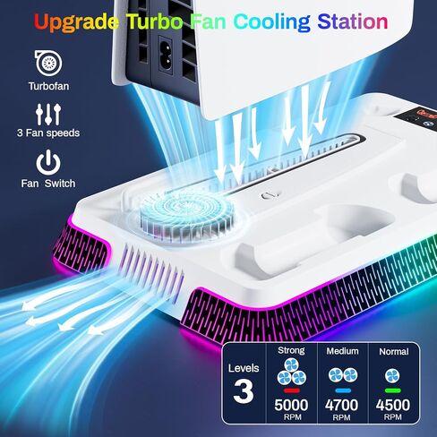 PS5 Cooling Station, PS5 Slim Stand RGB and Turbo Fan with Dual Charging Station, PS5 Accessories Kits, Vertical Stand with 3 Levels Cooling Fan, Headset Holder for PS5 Digital/Disc-Black in Saudi Arabia