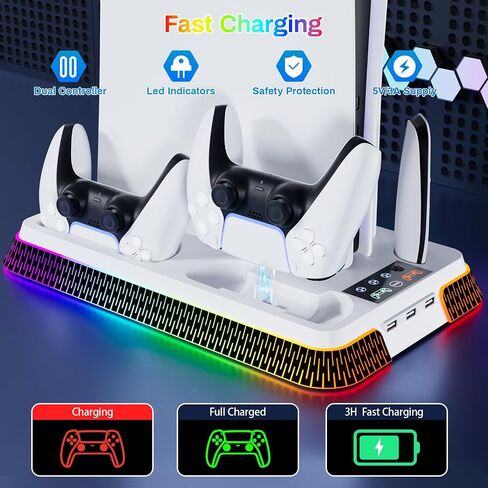 PS5 Cooling Station, PS5 Slim Stand RGB and Turbo Fan with Dual Charging Station, PS5 Accessories Kits, Vertical Stand with 3 Levels Cooling Fan, Headset Holder for PS5 Digital/Disc-Black in Saudi Arabia