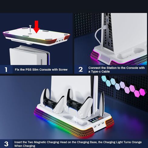 PS5 Cooling Station, PS5 Slim Stand RGB and Turbo Fan with Dual Charging Station, PS5 Accessories Kits, Vertical Stand with 3 Levels Cooling Fan, Headset Holder for PS5 Digital/Disc-Black in Saudi Arabia