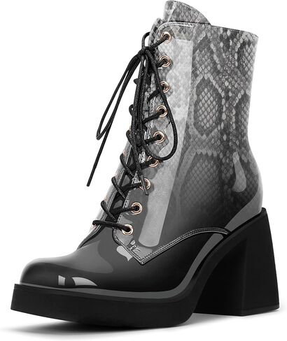 Women's Chunky Heel Square Toe Platform Ankle Boots Lace Up Booties in Kuwait