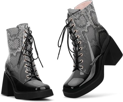 Women's Chunky Heel Square Toe Platform Ankle Boots Lace Up Booties in Kuwait