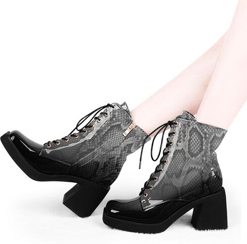 Women's Chunky Heel Square Toe Platform Ankle Boots Lace Up Booties in Kuwait