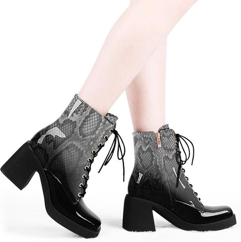 Women's Chunky Heel Square Toe Platform Ankle Boots Lace Up Booties in Kuwait