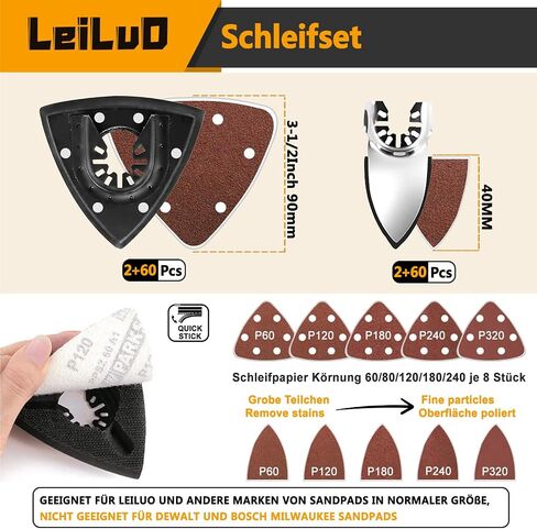 LEILUO 127 Pcs Oscillating Tool Sanding Pad Kit 4 Pcs 3-1/2 Inch Triangle Sanding Pads 120 Pcs Sandpaper 3Pcs Adapters Compatible with DeWalt Dremel Milwaukee and More in Kuwait