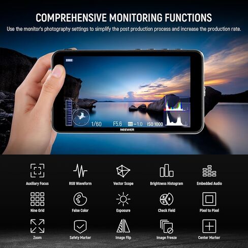 NEEWER F500 5.5 Inch Camera Field Monitor, HDR Touch Screen with 3D LUT, Full HD 1920x1080 IPS 4K HDMI Loop in/Out DSLR Video Waveform Vector Scope Peaking Focus Assist, Battery & Charger Not Included in Saudi Arabia