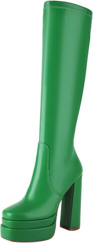 vivianly Women's Platform Knee High Boots Square Toe Chunky Heel Long Stretch Gogo Boots with Side Zipper in Kuwait