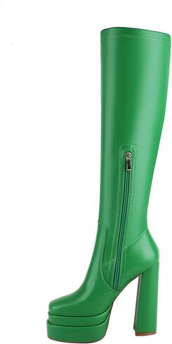 vivianly Women's Platform Knee High Boots Square Toe Chunky Heel Long Stretch Gogo Boots with Side Zipper in Kuwait