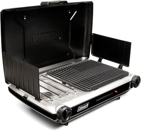 Coleman Tabletop 2-in-1 Grill & Stove with 2 Adjustable Burners, Propane Grill/Stove with Push-Button Starter, Wind Guards, Grease Tray, & 20,000 BTUs of Power for Camping, Tailgating, & More in Saudi Arabia