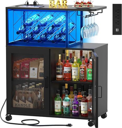 Small Bar Cart with Wheels, Liquor Cabinet with LED Light, Wine Bar Cabinet with Power Outlets, Home Mini Bar with Wine Rack, Glasses Storage for Kitchen, Dining Room, Living Room, Grey in Saudi Arabia