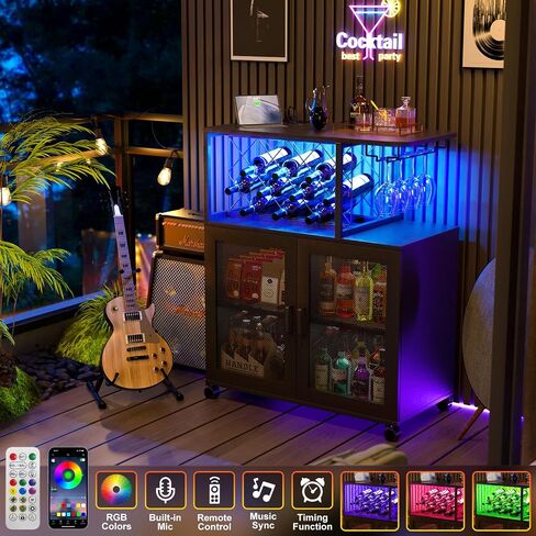 Small Bar Cart with Wheels, Liquor Cabinet with LED Light, Wine Bar Cabinet with Power Outlets, Home Mini Bar with Wine Rack, Glasses Storage for Kitchen, Dining Room, Living Room, Grey in Saudi Arabia